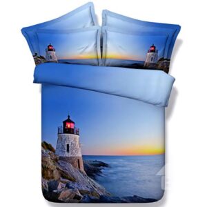 Lighthouse Sea Scenery Print Blue 4-Piece Duvet Cover Sets