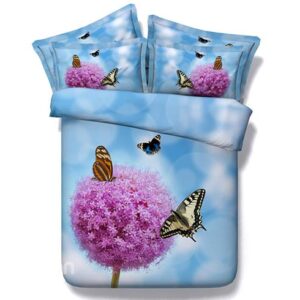 Pink Flowers and Butterflies Printing Blue 4-Piece Duvet Cover Sets