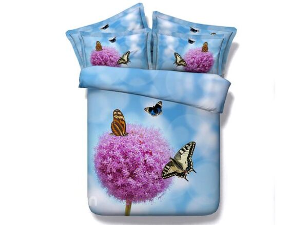 Pink Flowers and Butterflies Printing Blue 4-Piece Duvet Cover Sets