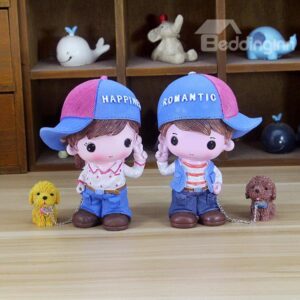 Sweet Young Boy and Girl Walking Dogs Resin Desktop Decoration