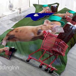 Happy Pig Pushing Cart Print Satin Drill 4-Piece Duvet Cover Sets