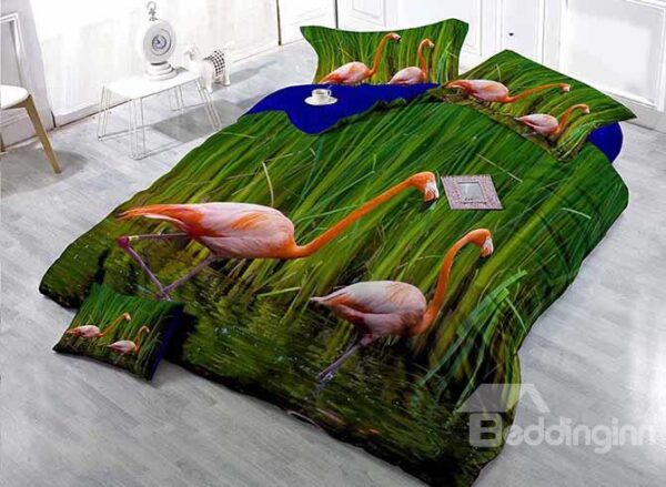 Birds Wandering in Water Print Satin Drill 4-Piece Duvet Cover Sets