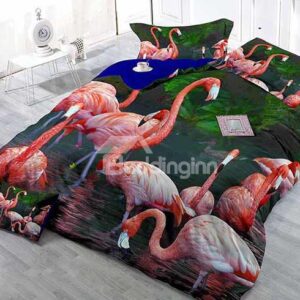 3D Flamingo Digital Printing Satin Drill 4-Piece Duvet Cover Sets