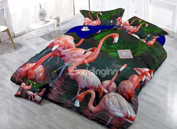 3D Flamingo Digital Printing Satin Drill 4-Piece Duvet Cover Sets