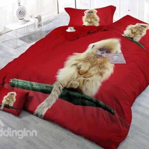 Monkey on Branch Design Red Satin Drill 4-Piece Duvet Cover Sets