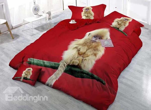 Monkey on Branch Design Red Satin Drill 4-Piece Duvet Cover Sets