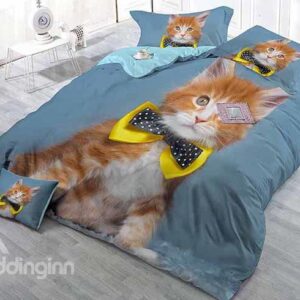 Gentle Cat Print Blue Satin Drill 4-Piece Duvet Cover Sets