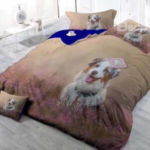 Lovely White Puppy in Flowers Print Satin Drill 4-Piece Duvet Cover Sets