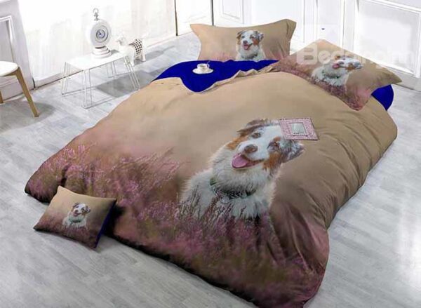 Lovely White Puppy in Flowers Print Satin Drill 4-Piece Duvet Cover Sets