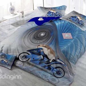 Creative Animal Driving Moto Print Blue Satin Drill 4-Piece Duvet Cover Sets
