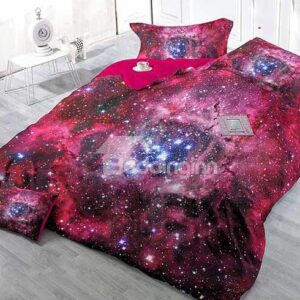 Super Cool Starry Sky Print Satin Drill 4-Piece Red Duvet Cover Sets