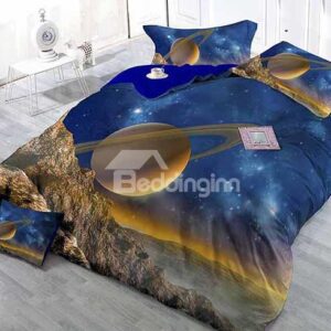 Chic Planet and Stars Print Satin Drill 4-Piece Duvet Cover Sets