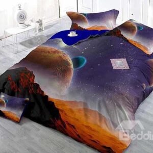 Super Cool 3D Planets Theme Satin Drill 4-Piece Duvet Cover Sets