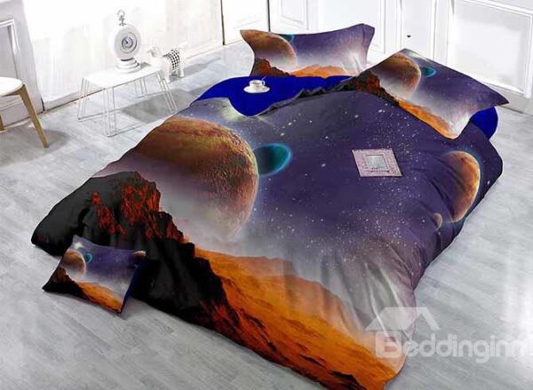 Super Cool 3D Planets Theme Satin Drill 4-Piece Duvet Cover Sets