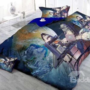 Superb Space Station and Planet Print Satin Drill 4-Piece Duvet Cover Sets