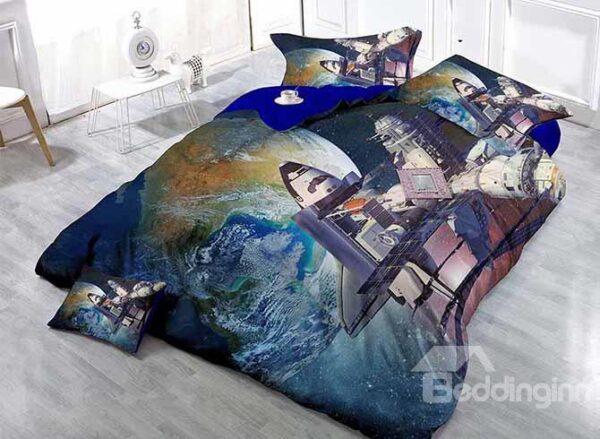 Superb Space Station and Planet Print Satin Drill 4-Piece Duvet Cover Sets