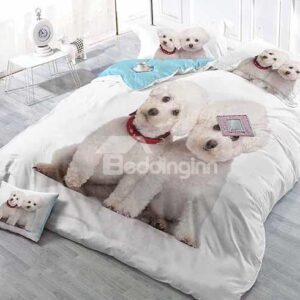 Lovely White Puppies Print Satin Drill 4-Piece Duvet Cover Sets