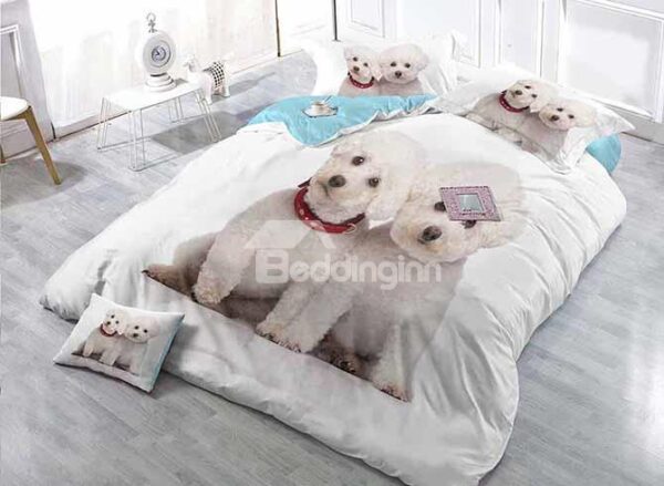 Lovely White Puppies Print Satin Drill 4-Piece Duvet Cover Sets