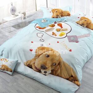 Creative Dog Thinking Lunch Food Print Satin Drill 4-Piece Duvet Cover Sets
