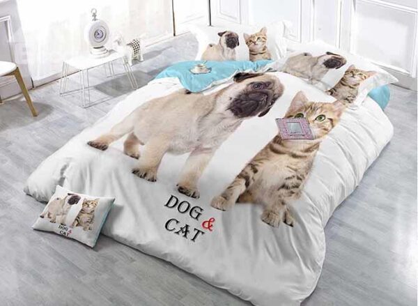 Lovely Cat and Dog Print White Satin Drill 4-Piece Duvet Cover Sets