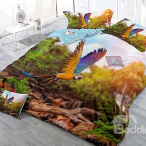 Flying Parrot Print Satin Drill 4-Piece Duvet Cover Sets