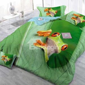 Cute Frog Print Green Satin Drill 4-Piece Duvet Cover Sets