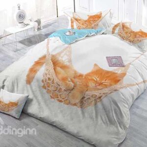 Sleeping Cat Print Satin Drill White 4-Piece Duvet Cover Sets