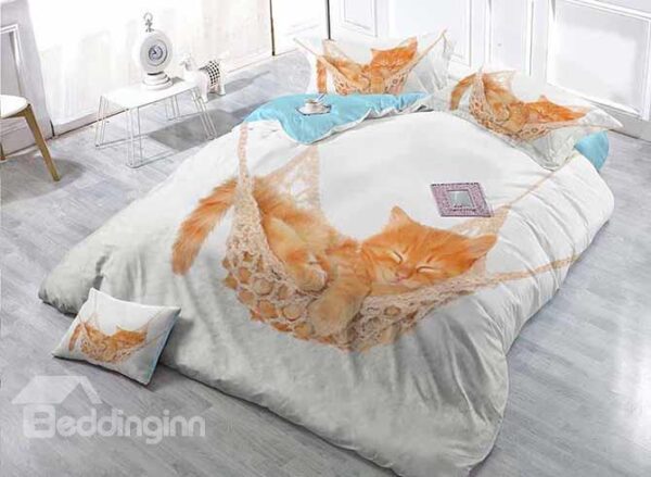 Sleeping Cat Print Satin Drill White 4-Piece Duvet Cover Sets