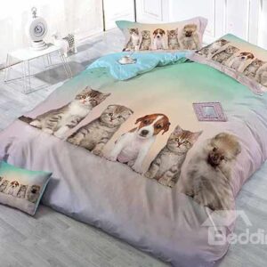 Couchant Cats and Dogs Print Satin Drill 4-Piece Duvet Cover Sets