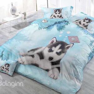 Lovely Husky Print Satin Drill Blue 4-Piece Duvet Cover Sets