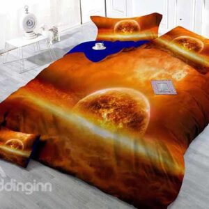 Planet Print Satin Drill Orange 4-Piece Duvet Cover Sets