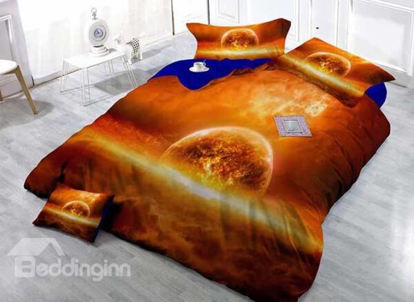 Planet Print Satin Drill Orange 4-Piece Duvet Cover Sets