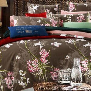 Small Pink Flowers Reactive Printing Brown 4-Piece Duvet Cover Sets