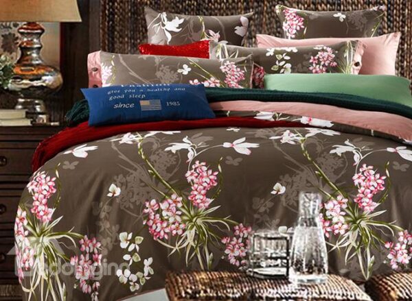 Small Pink Flowers Reactive Printing Brown 4-Piece Duvet Cover Sets
