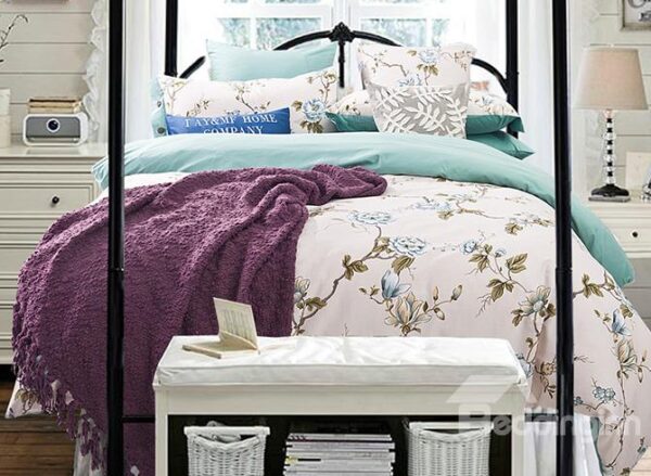 Pastoral Flowering Branch Print Cotton 4-Piece Duvet Cover Sets