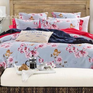 Beautiful Butterfly Orchid Print Cotton Blue 4-Piece Duvet Cover Sets