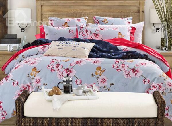 Beautiful Butterfly Orchid Print Cotton Blue 4-Piece Duvet Cover Sets