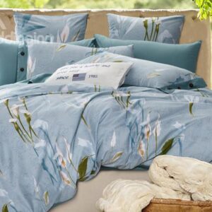 Graceful Calla Lily Print Cotton Blue 4-Piece Duvet Cover Sets