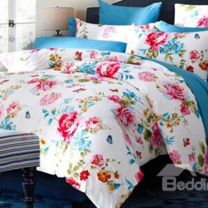 Red Peonies Print Cotton White 4-Piece Duvet Cover Sets
