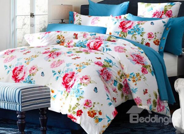 Red Peonies Print Cotton White 4-Piece Duvet Cover Sets