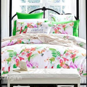 Pastoral Flowers and Leaves Print Cotton 4-Piece Duvet Cover Sets