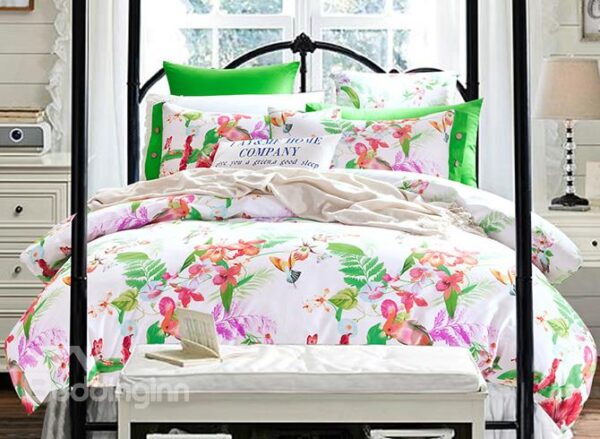 Pastoral Flowers and Leaves Print Cotton 4-Piece Duvet Cover Sets