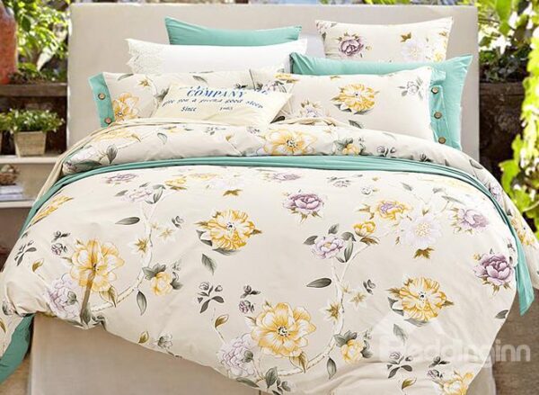 Yellow and Purple Floral Printing Cotton 4-Piece Duvet Cover Sets