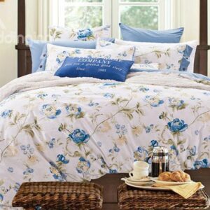 Elegant Blue Flowers Print 100% Cotton 4-Piece Duvet Cover Sets