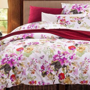 Pretty Rosy Flowers and Butterflies Print Cotton 4-Piece Duvet Cover Sets