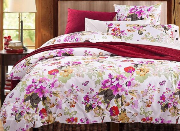Pretty Rosy Flowers and Butterflies Print Cotton 4-Piece Duvet Cover Sets