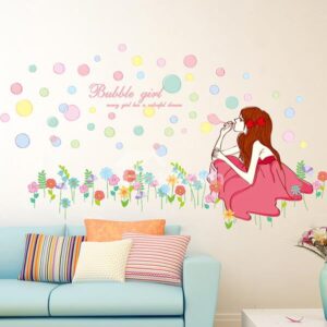 Beautiful Young Girl Blow Bubbles Removable Wall Sticker
