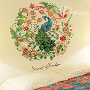 Stunning Peacock and Flowers Pattern Removable Wall Sticker