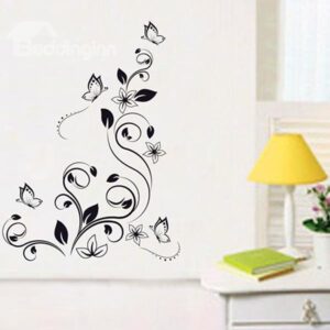 Unique Abstract Black Flower Vines and Butterfly Removable Wall Sticker