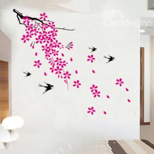 Wonderful Red Flowers and Swallows Removable Wall Sticker